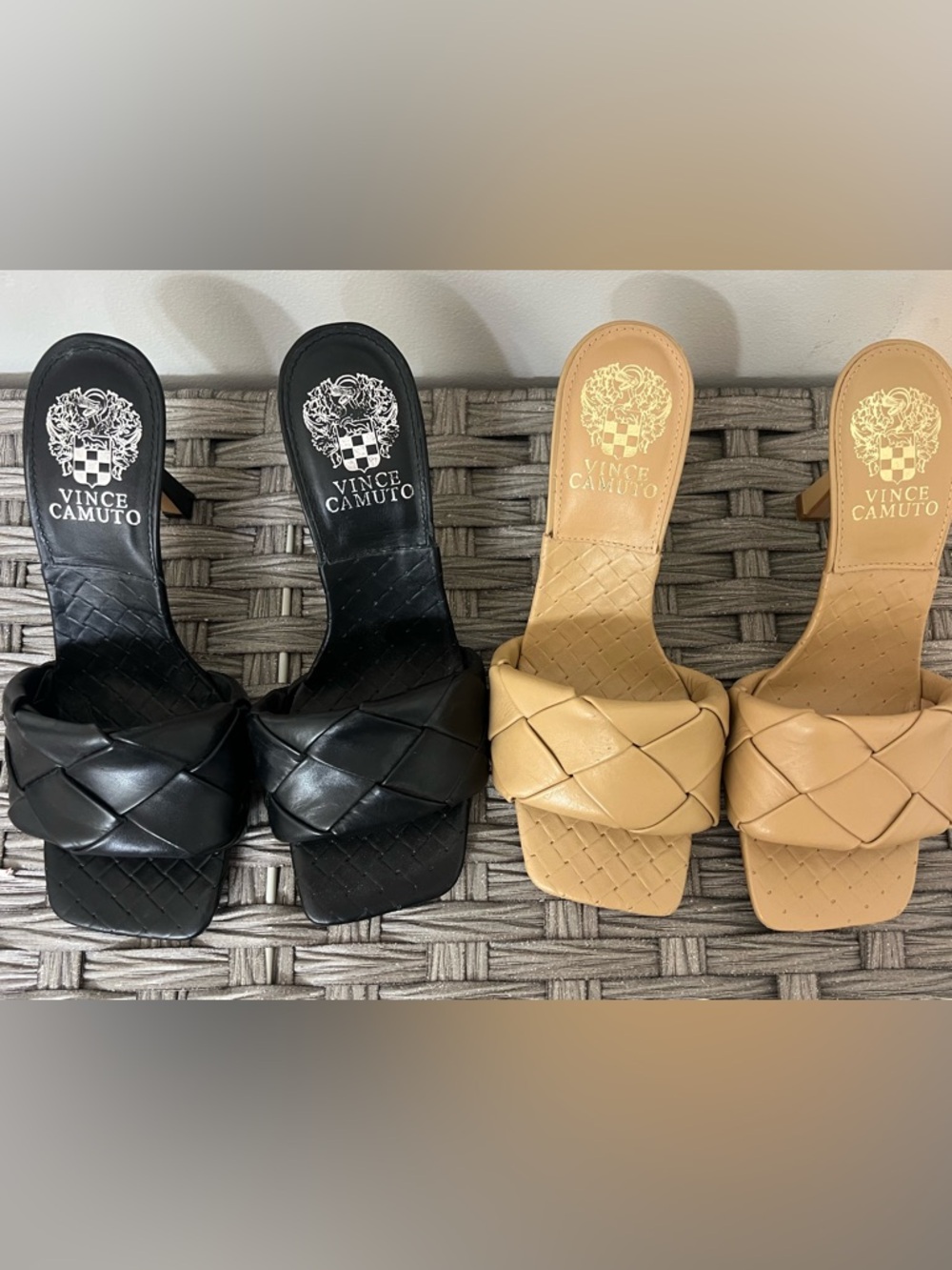 2 Pairs of Vince Camuto Woven Slide Mules in Black and Tan